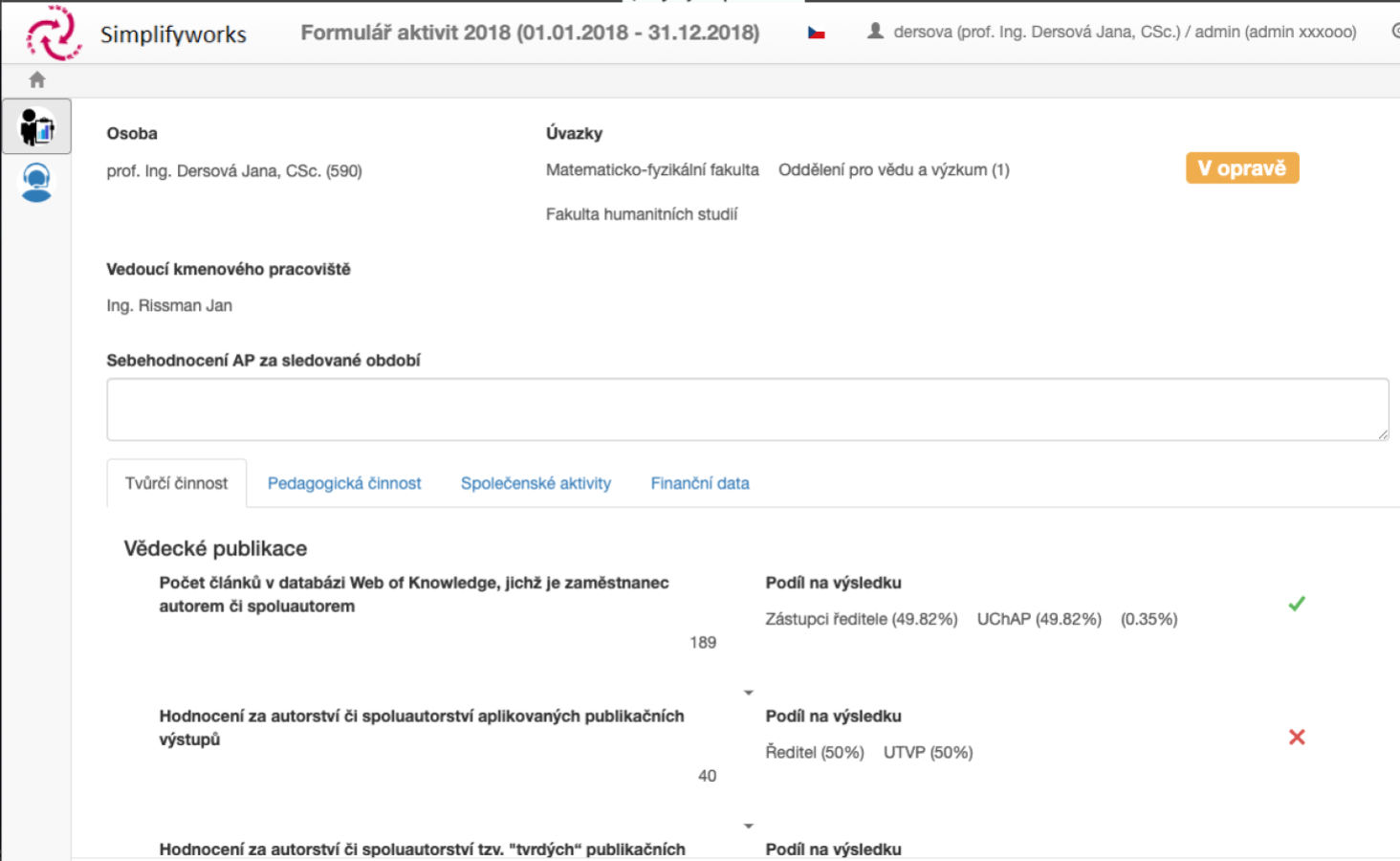 Skutečný formulář aktivit akademického pracovníka v ISE