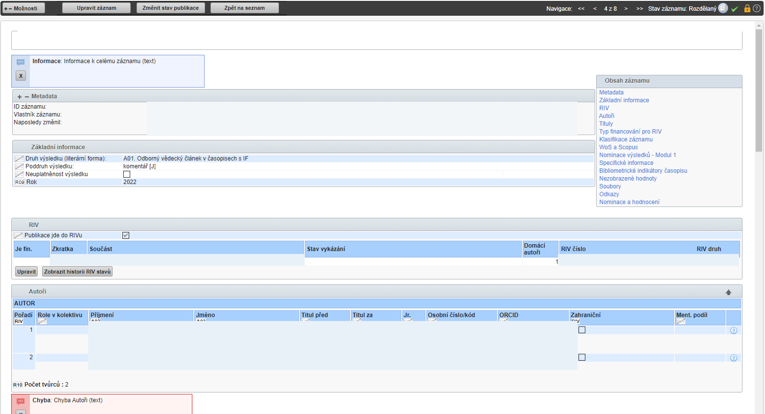 An anonymised real OBD output record with author and RIV sections