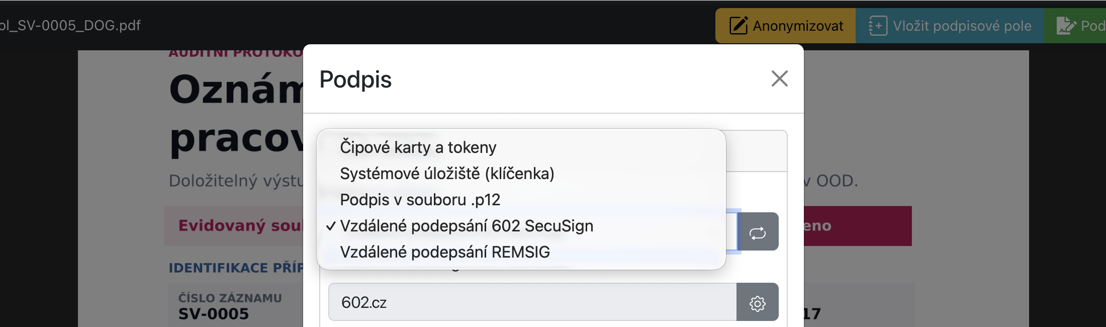 Open document and electronic-signature dialog with the signing-device list expanded